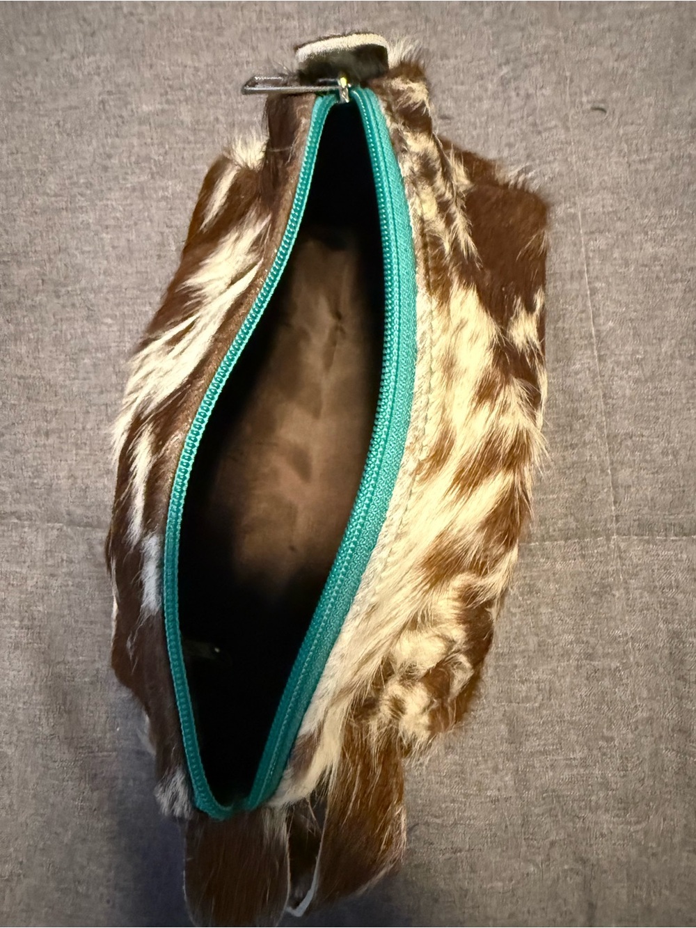 Montana West Brown & Cream Haircalf Cosmetic Pouch with Turquoise Zip - Picture 4 of 4
